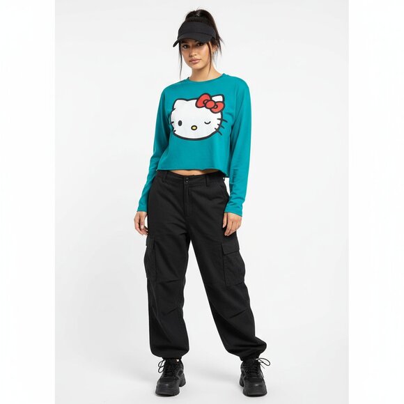 Hello Kitty Blue Graphic Print Long Sleeve Cropped Cotton T Tee Shirt L - Picture 6 of 6
